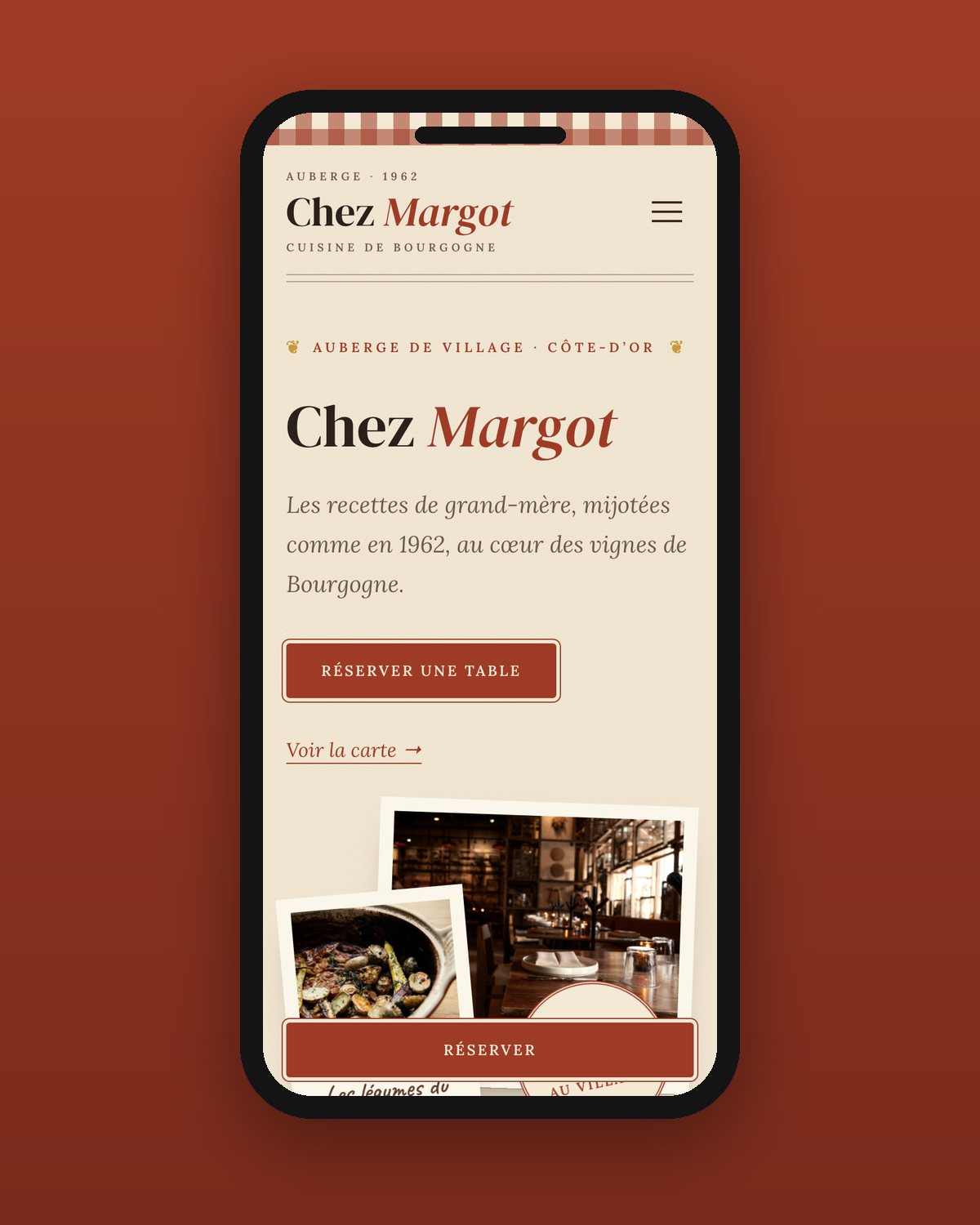 On mobile: home page with an always-visible “Book” button