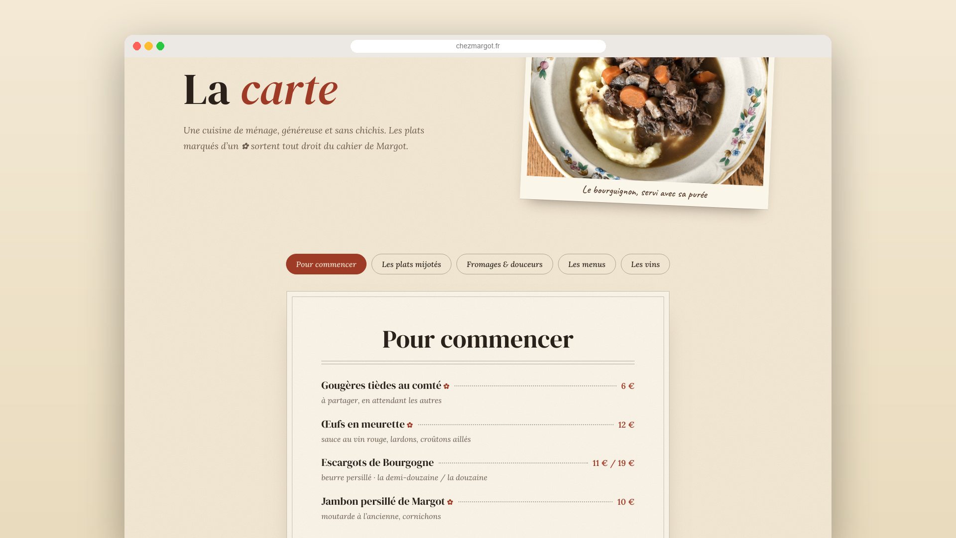The menu page: starters, slow-cooked mains, cheese & desserts, set menus and wines, in tabs