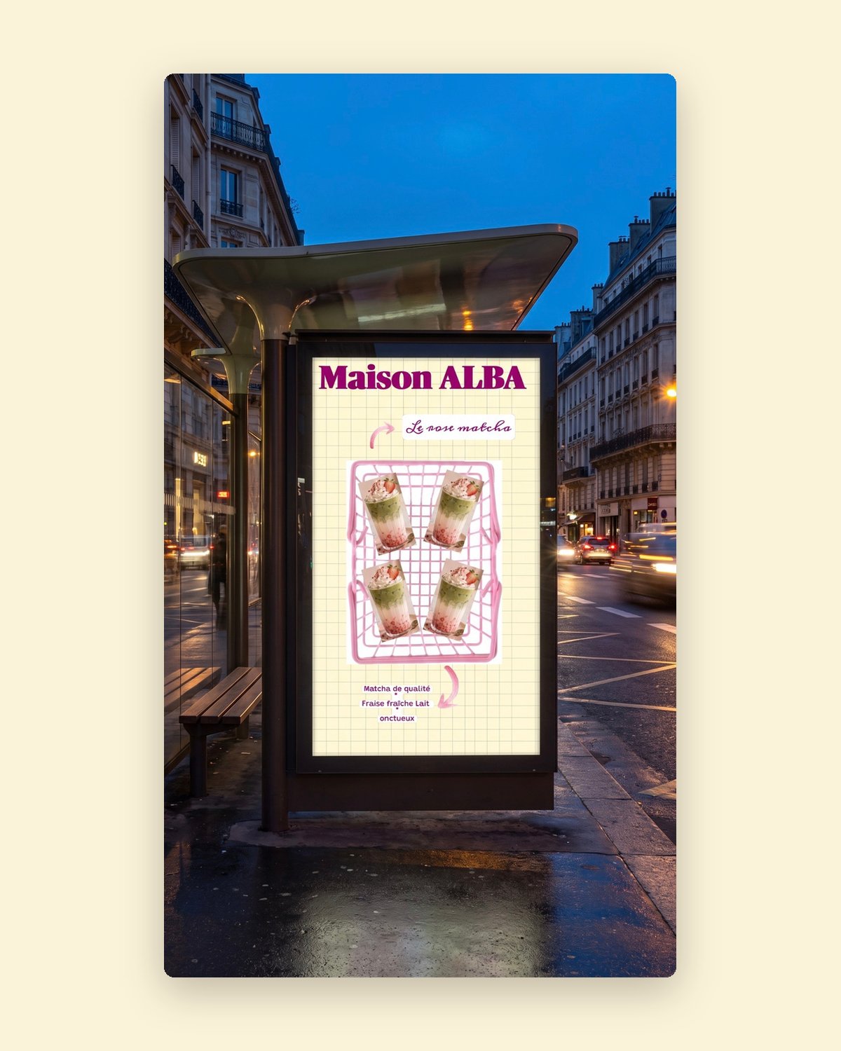 The same poster on a bus shelter at dusk