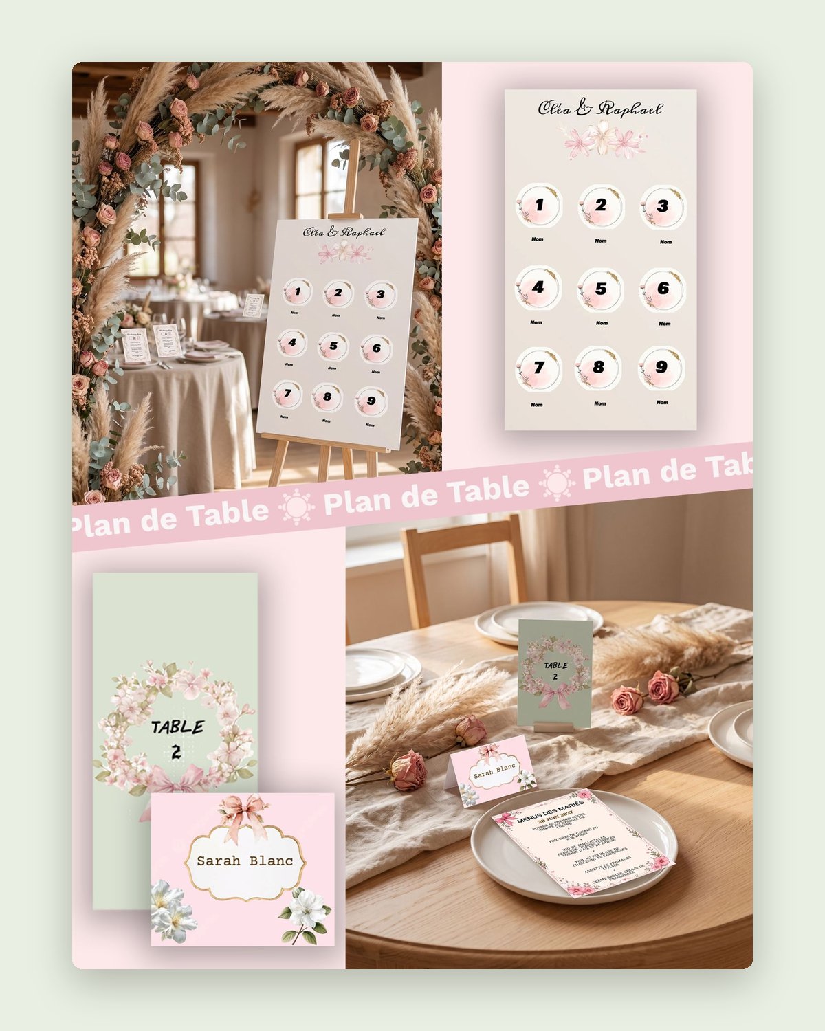 Seating plan, table numbers and place cards